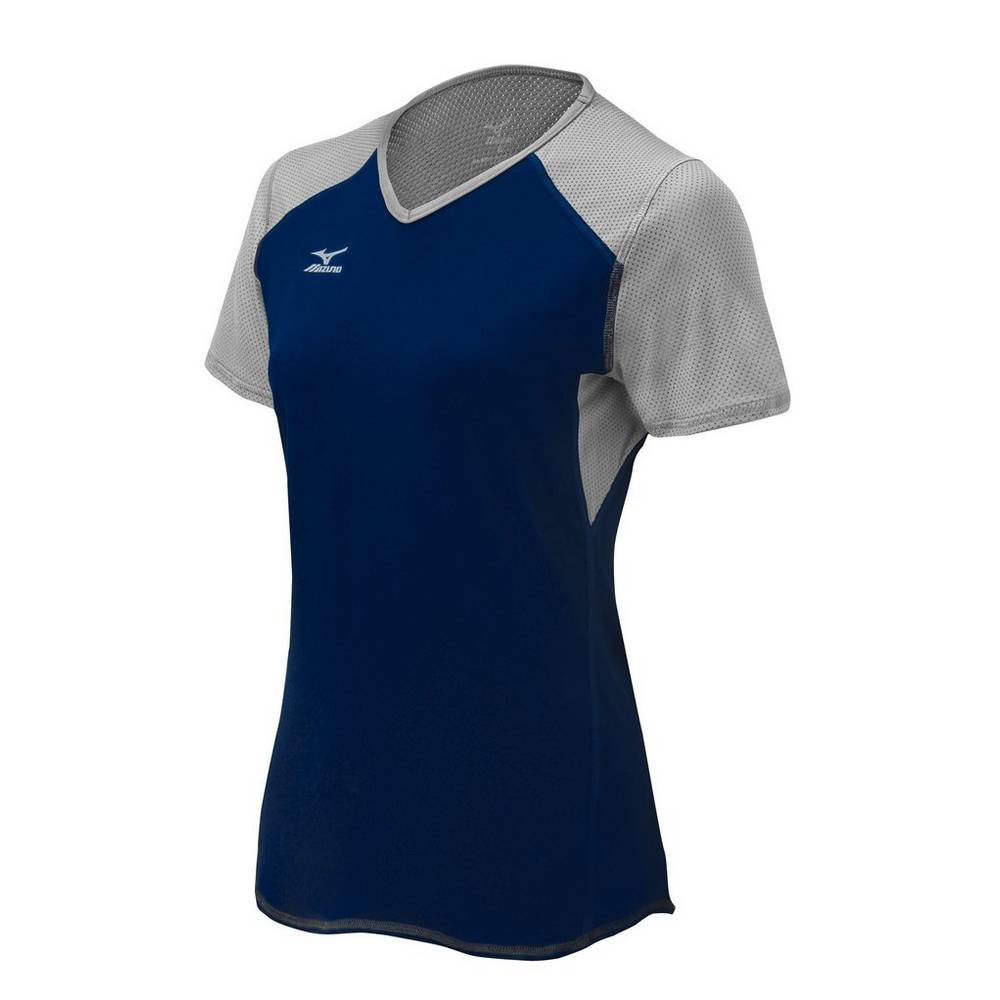 Camisas Mizuno Voleibol Techno VI Short Sleeve - Mulher - Azul Marinho/Prateadas - SQCJO6492